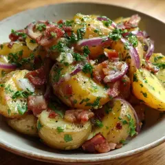 En härlig tysk potatissallad med krispigt bacon, rödlök och färsk persilja i en skål.