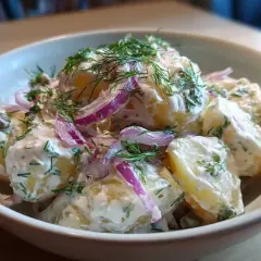 Enkel potatissallad med krämig dressing, rödlök och dill. En klassiker som passar till det mesta.