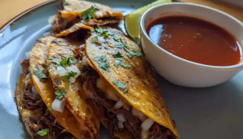 Tre saftiga birria tacos med strimlat kött, lök och koriander, serverade med en skål consommé och en limeklyfta.