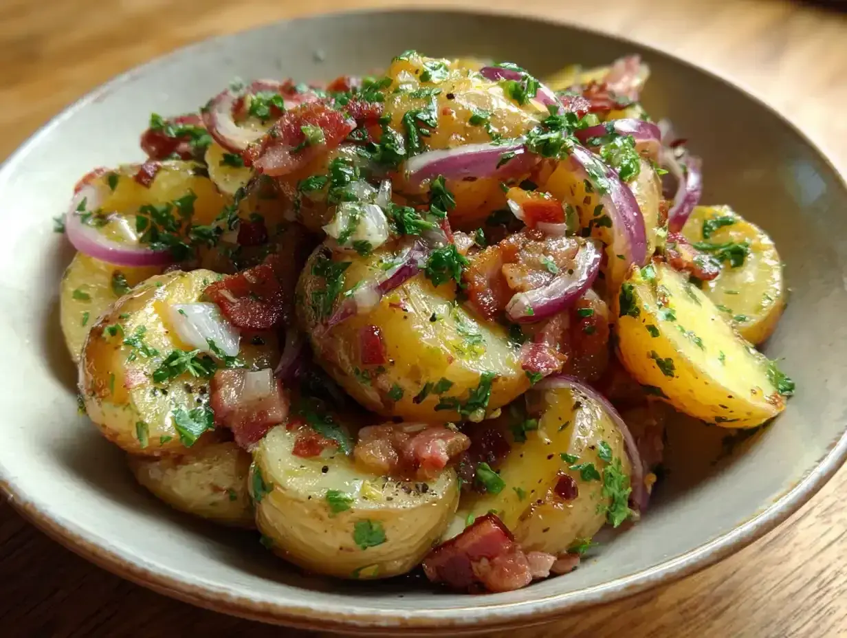 En härlig tysk potatissallad med krispigt bacon, rödlök och färsk persilja i en skål.