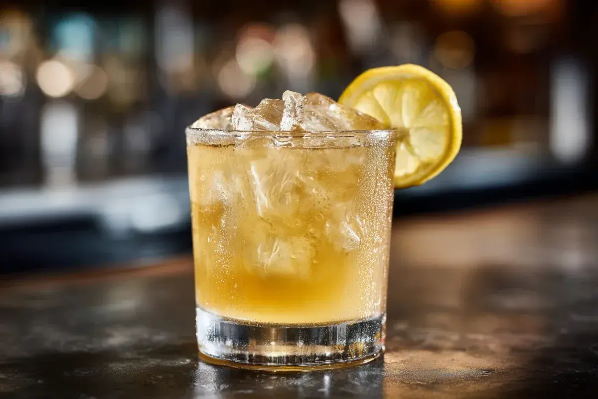 En kyld whisky sour med is och en citronskiva, redo att avnjutas.
