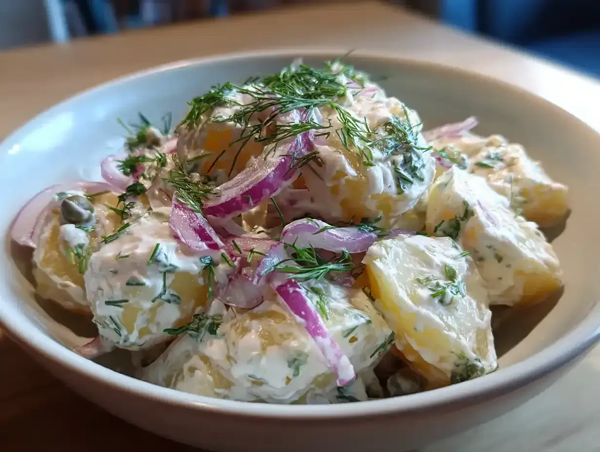 Enkel potatissallad med krämig dressing, rödlök och dill. En klassiker som passar till det mesta.