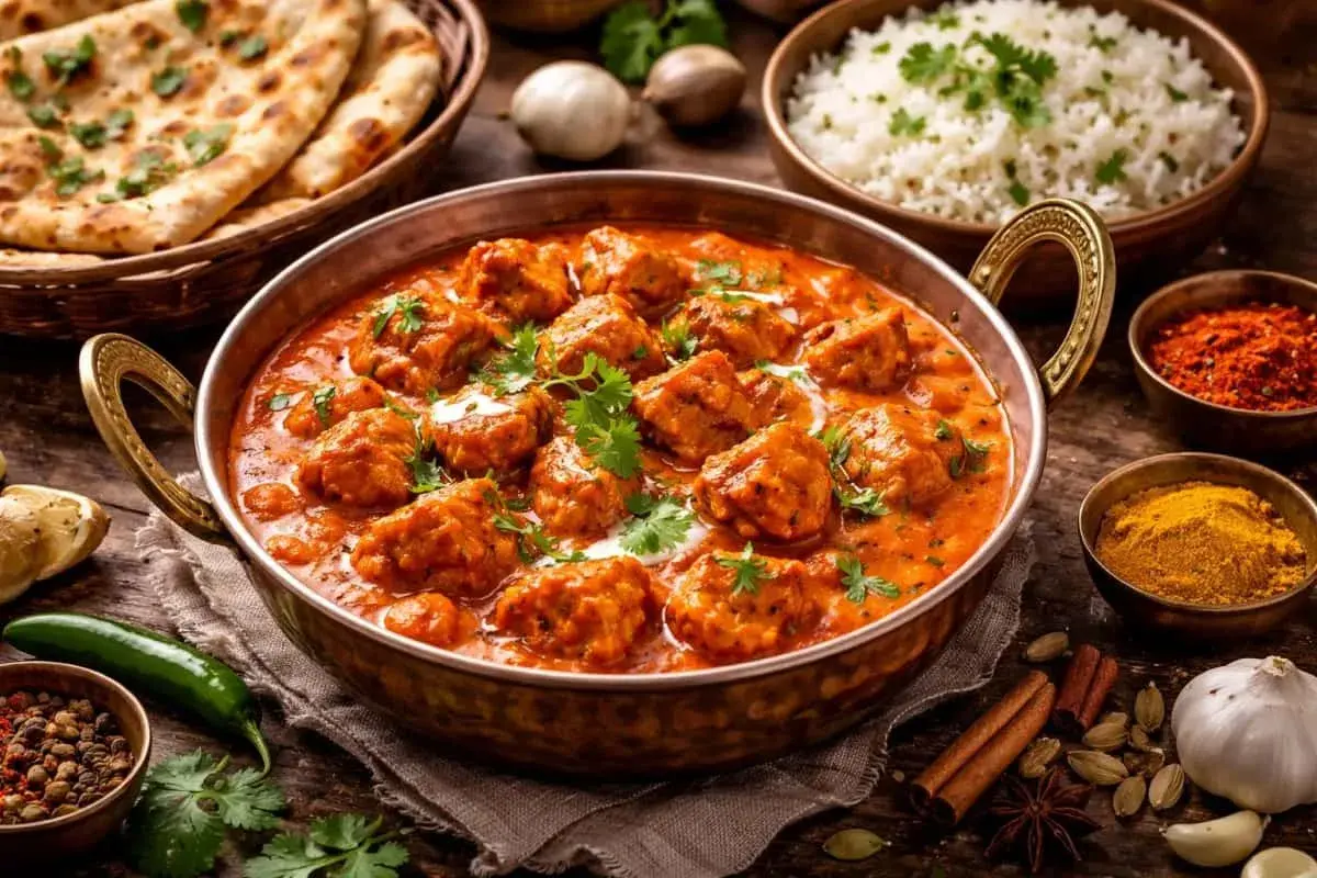 En skål med krämig tikka masala, serverad med fluffigt ris och naanbröd. Kryddor som kanel och kardemumma ligger utspridda runt om.
