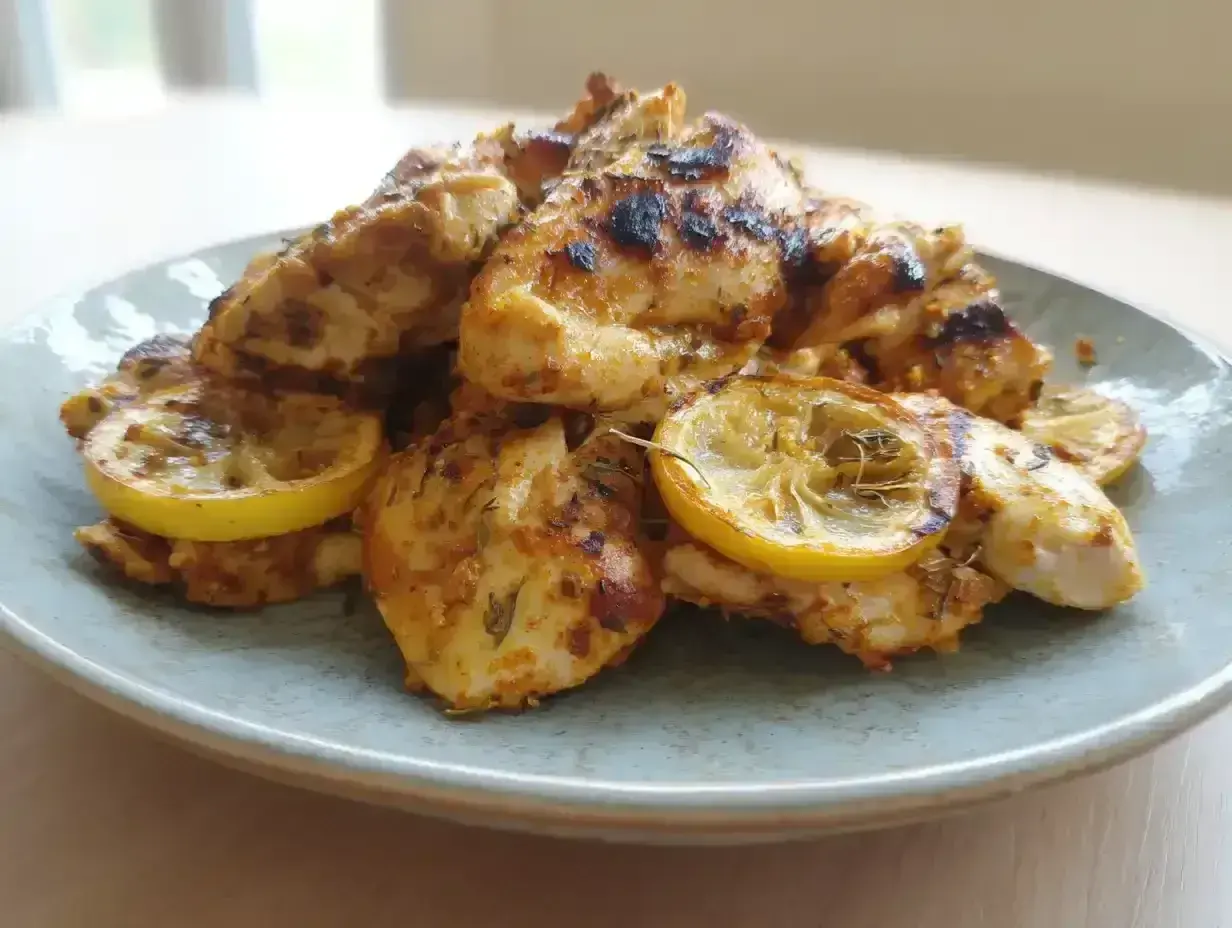 En tallrik med saftig, grillad kallskuren kyckling med citronskivor. Kryddorna ger kycklingen en härlig färg.