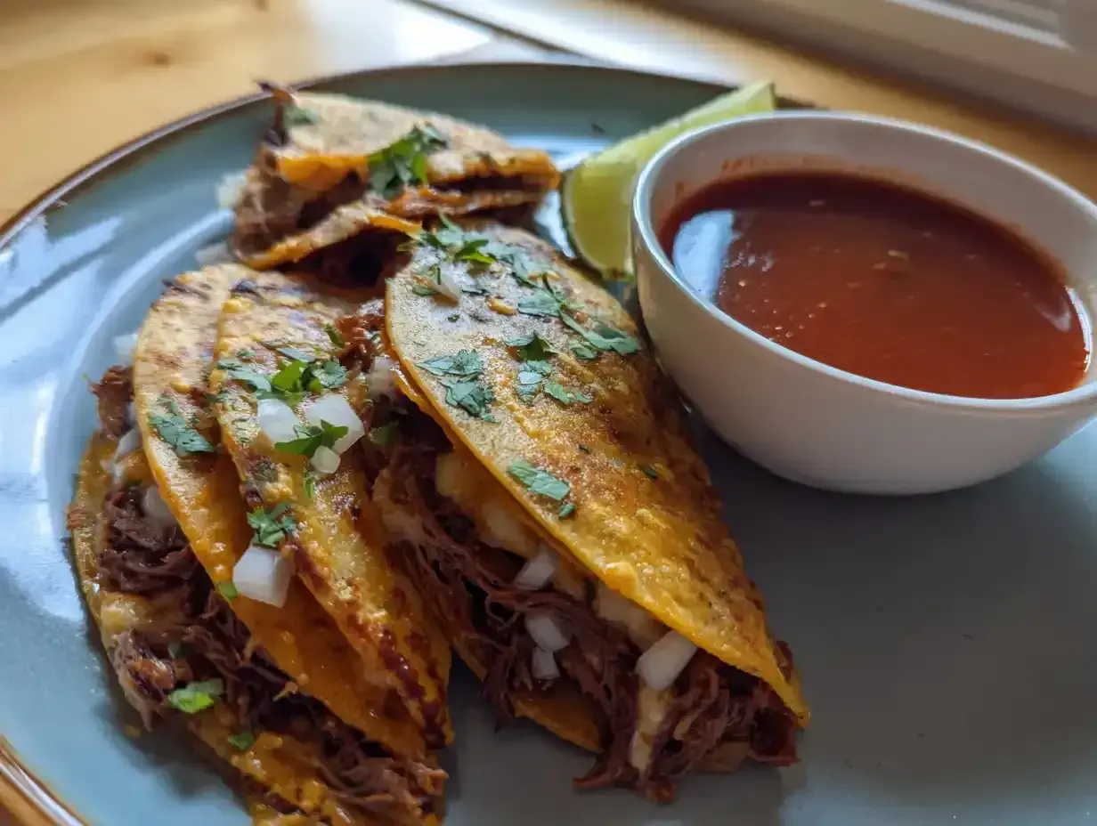 Tre saftiga birria tacos med strimlat kött, lök och koriander, serverade med en skål consommé och en limeklyfta.