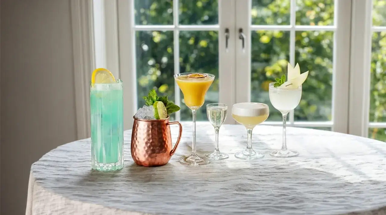 Fem färgglada drinkar med klar is och garnityr står uppradade på ett dukat bord.