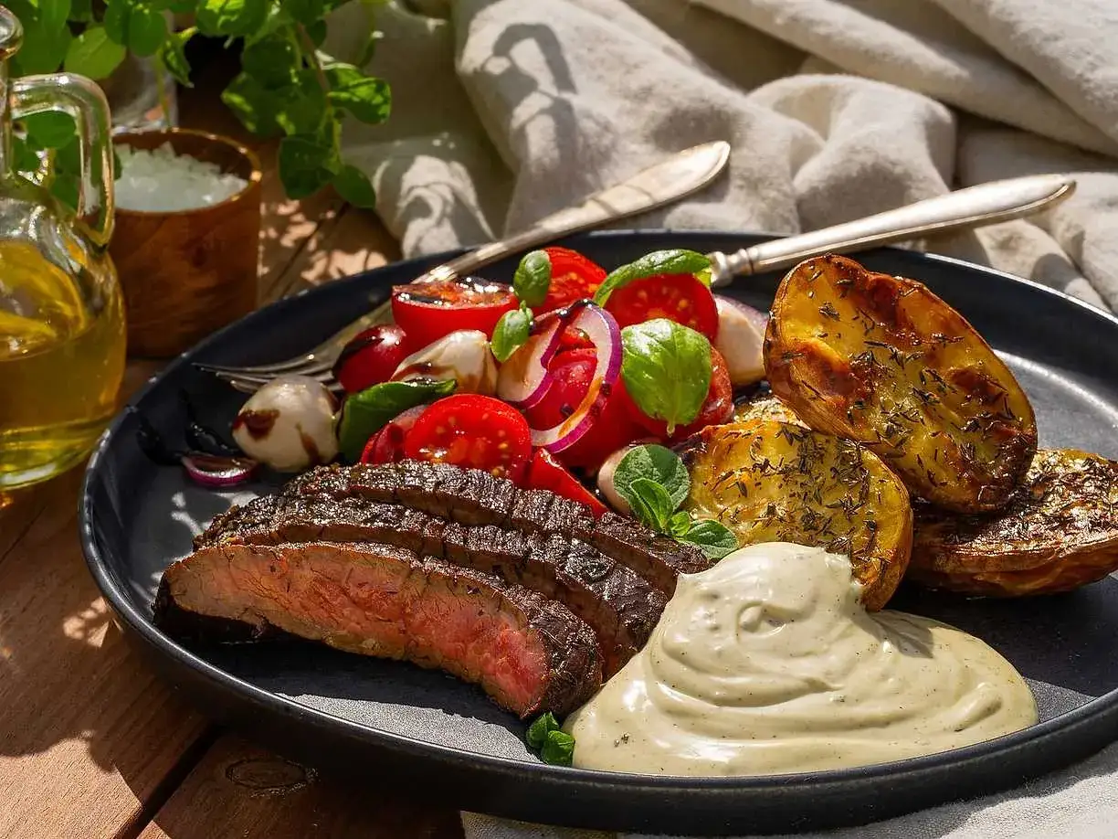 Perfekt grillad flankstek med klyftpotatis, tomatsallad och en krämig sås. En härlig sommarmåltid!