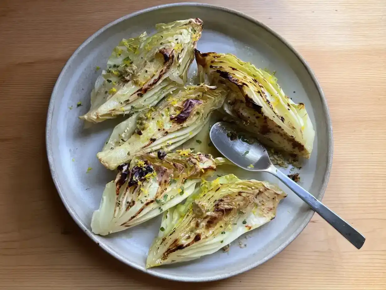 Grillad spetsk&aring;l med citron och &ouml;rter, serverad p&aring; en ljusgr&aring; tallrik. En sked ligger p&aring; tallriken.