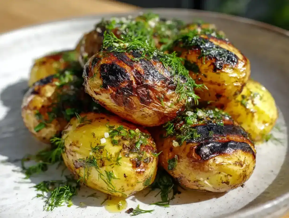 En hög med gyllene, grillade småpotatisar, toppade med färsk dill och en hint av vitlök. Perfekt stekt potatis som doftar sommar.