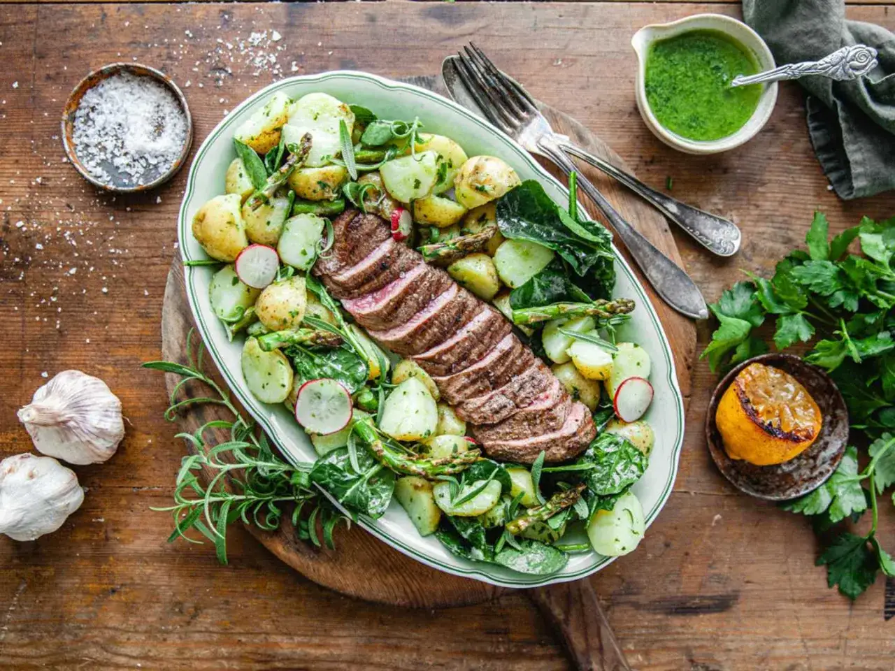 Perfekt grillad lammfilé med potatis, sparris och en frisk örtsås. En härlig sommarmåltid!