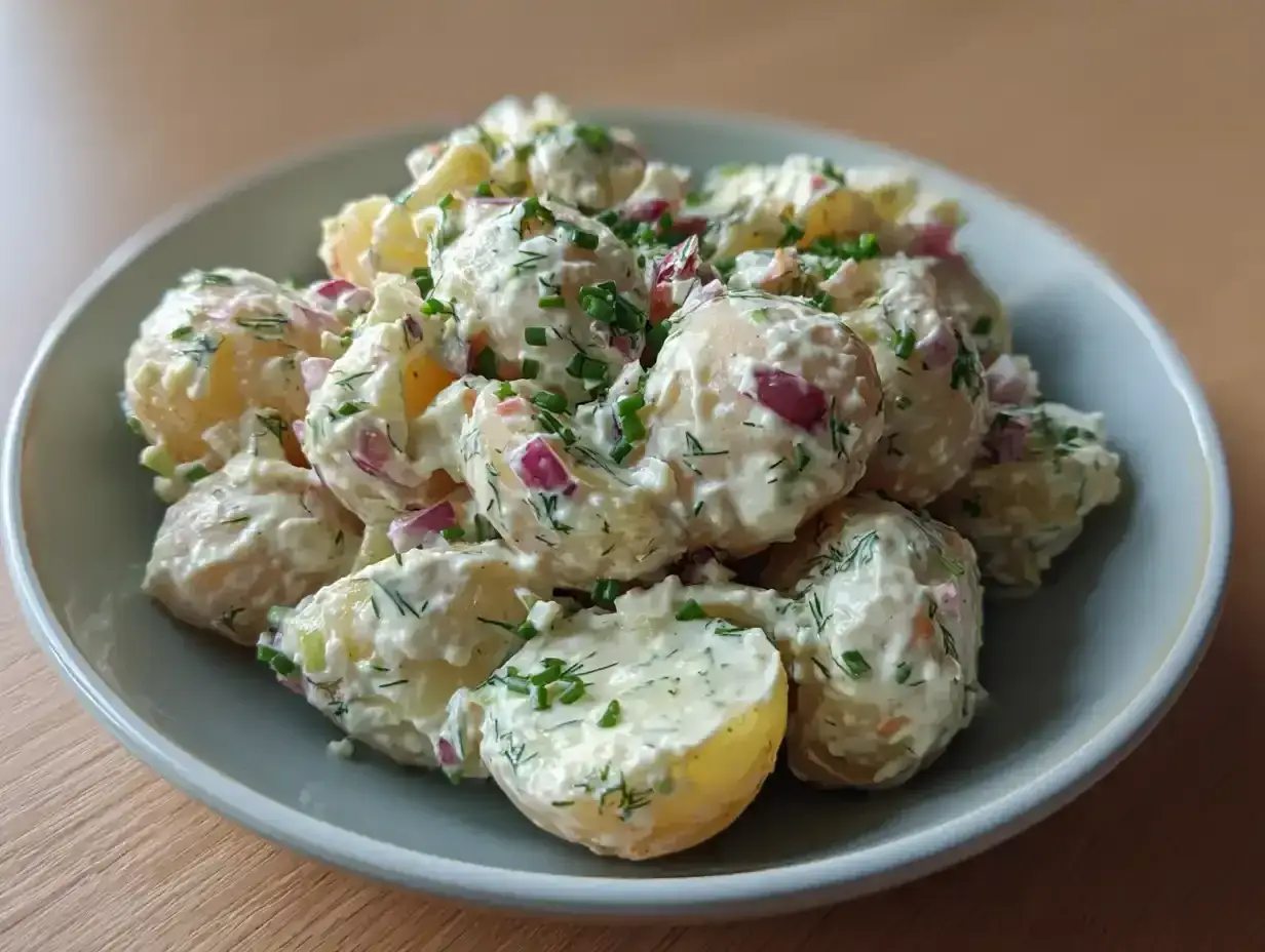 Krämig potatissallad med dill och rödlök, perfekt som potatissallad till grillat.