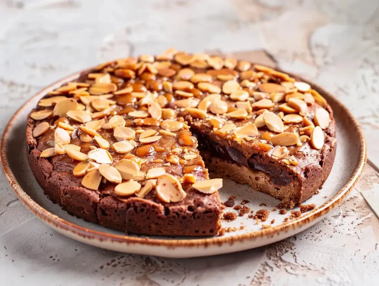 Chokladkaka med karamell och mandelflagor, ett av många enkla bakverk som lockar.