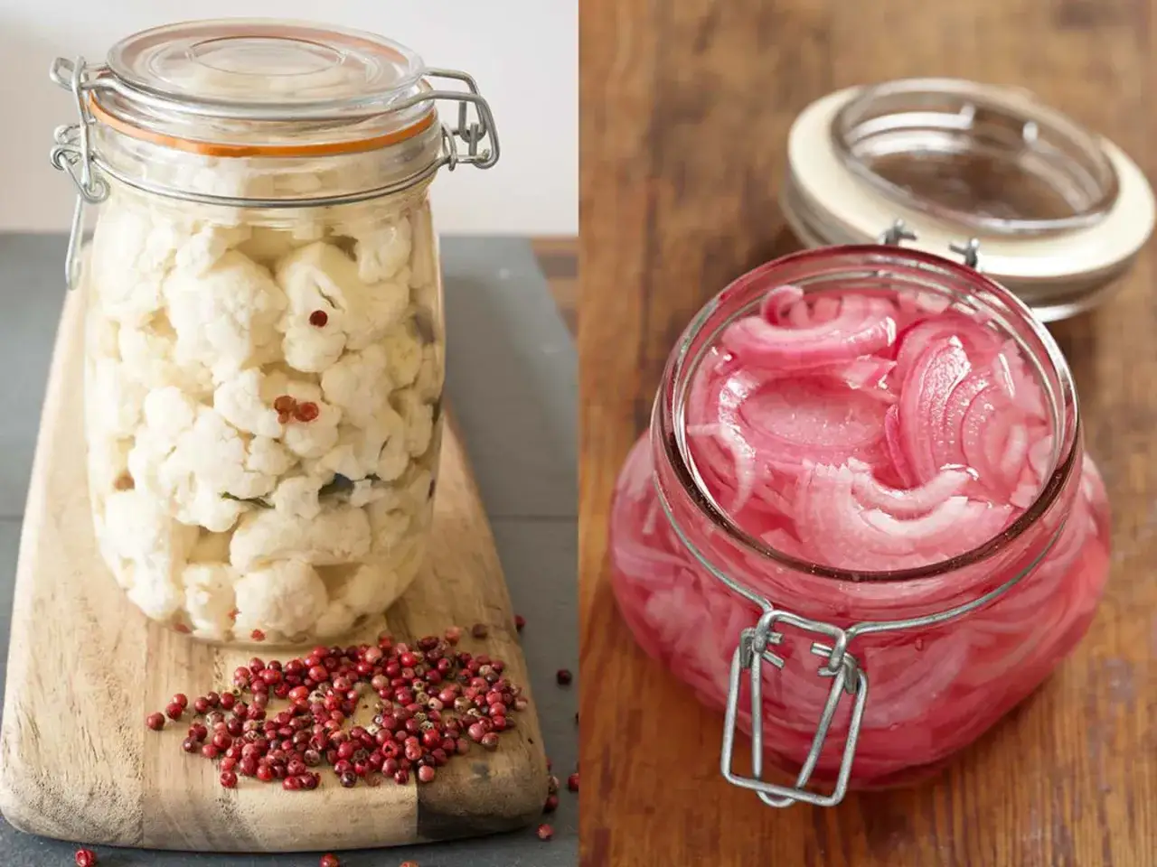 Tv&aring; glasburkar med inlagda gr&ouml;nsaker. Till v&auml;nster, picklad blomk&aring;l med rosa pepparkorn. Till h&ouml;ger, inlagd r&ouml;dl&ouml;k.