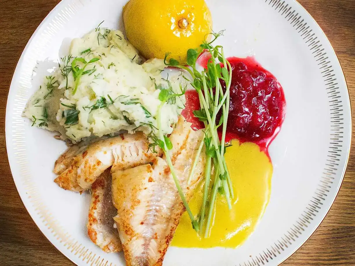 En tallrik med grillad abborre, potatismos med dill, lingonsylt och en citronklyfta.