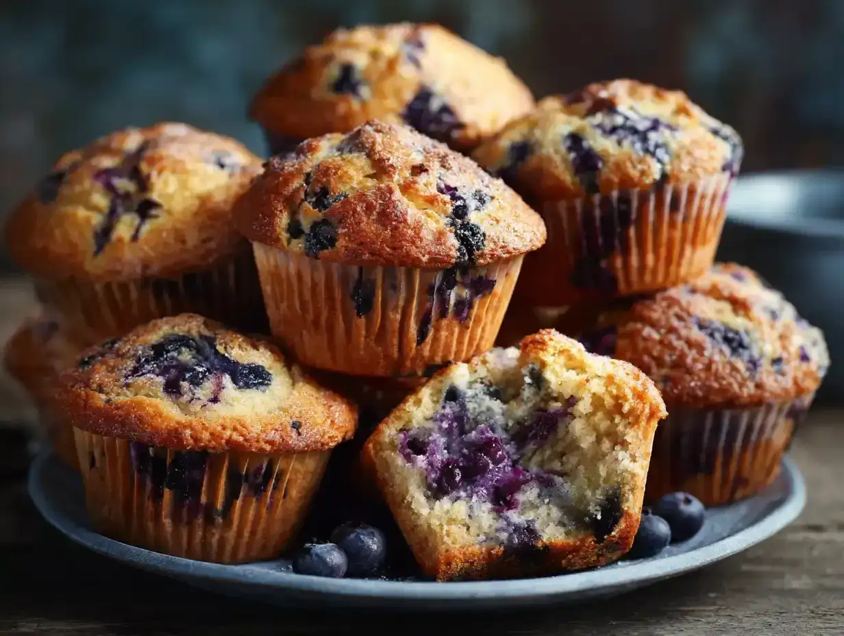 En hög med saftiga muffins med blåbär. En muffin är uppskuren och visar det mjuka inkråmet fyllt med bär.