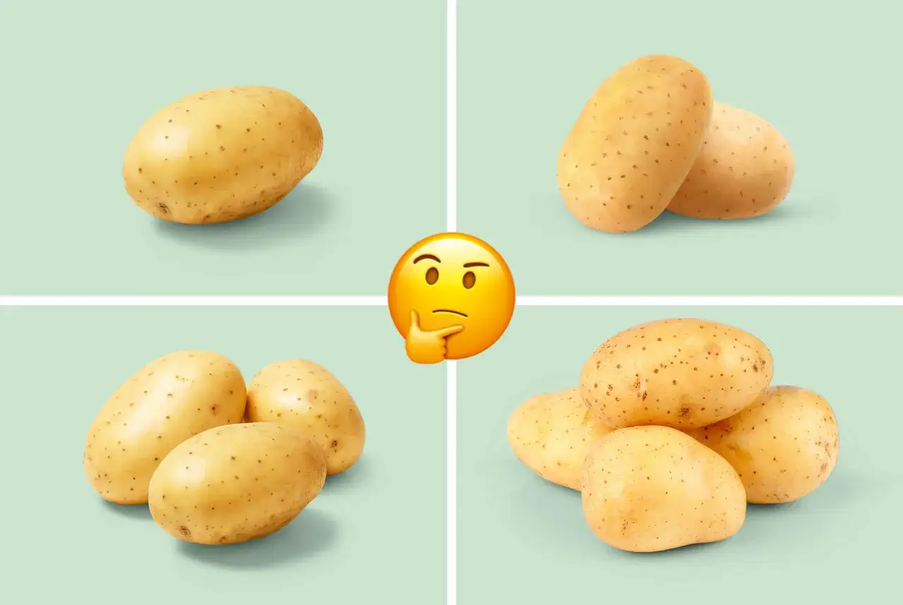 En tankfull emoji funderar &ouml;ver hur mycket potatis per person som beh&ouml;vs. Bilden visar olika m&auml;ngder potatis i fyra rutor.