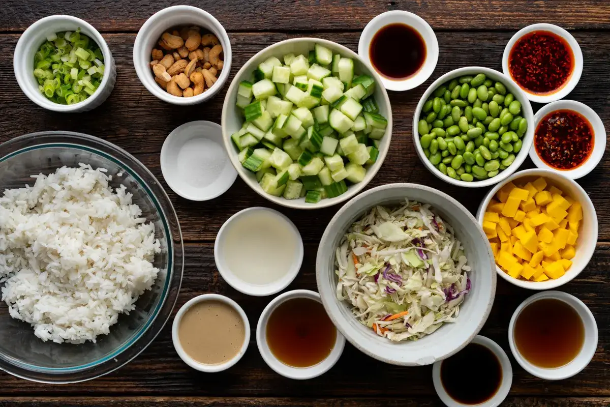 En skål med ris, hackad gurka, edamame, kålsallad, mango, cashewnötter och olika såser. Perfekt för att göra krispigt ris.