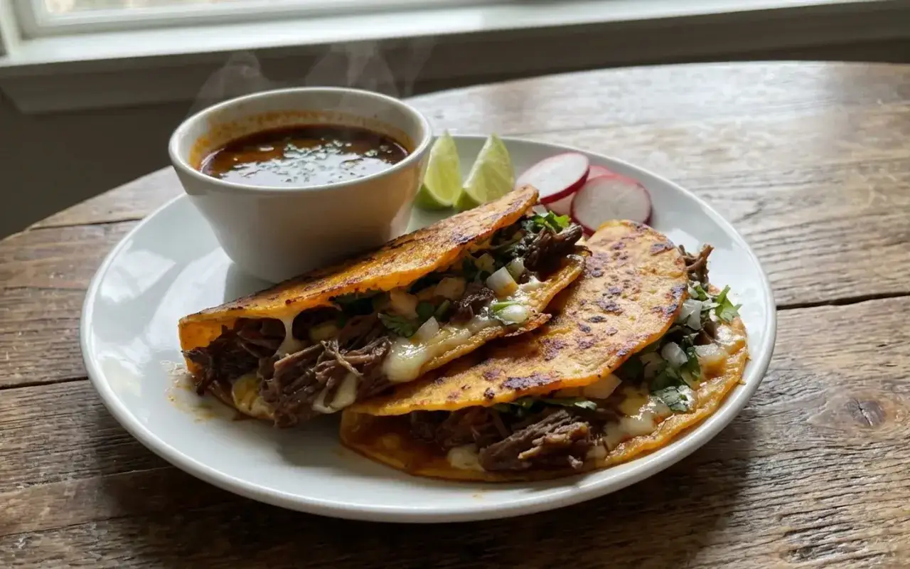 Ångande birria tacos med ost, lök och koriander, serverade med en skål consommé, limeklyftor och rädisor.