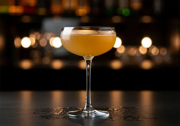 En gyllene alkoholfri margarita i ett elegant glas, med en mjukt suddig bakgrund av barbelysning.